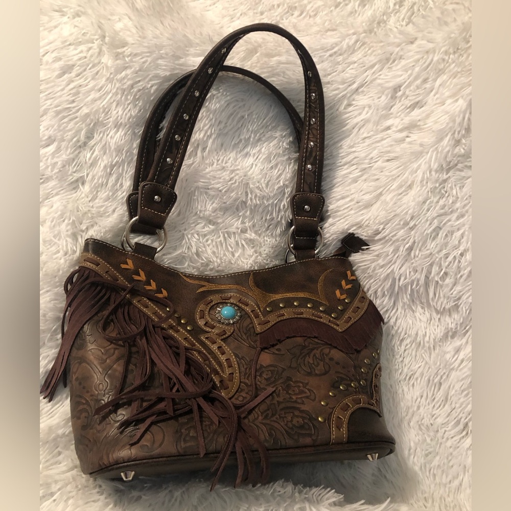 Western Style Fringe Conchos Gem Rhinestone Studded  Shoulder Bag